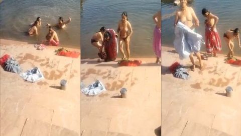 Desi Bhabhi bathing toipless in pond