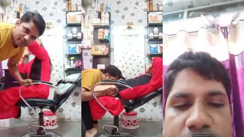 Desi horny barber closed salon and sucking pussy of lover bhabhi