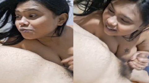 GF with smiling face gives blowjob to boyfriend