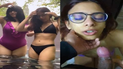 Indian bikini girl in glasses gives blowjob to boyfriend