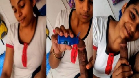 Indian cute girl oiling dick before sex