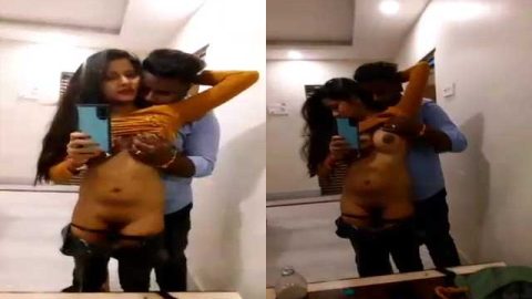 Indian lovers hot foreplay sex in front of mirror