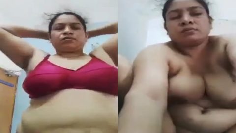 MILF in bra takes selfie showing big boobs like melons