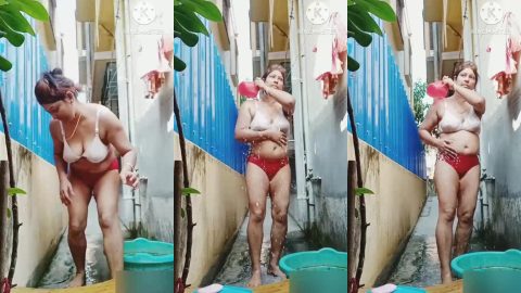 Mumbai hot aunty in bra and panty hot nude bath at outdoor