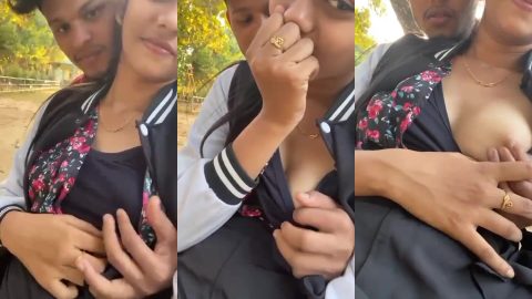 South Indian boy playing with gf's smooth boobs in public park