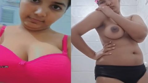 Chubby girl wears bra and new dresses before nude