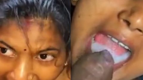 Cum pouring in mouth after heavy blowjob by village wife