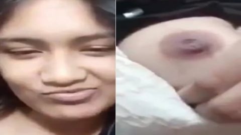Cute expression during topless boobs show by Indian girl