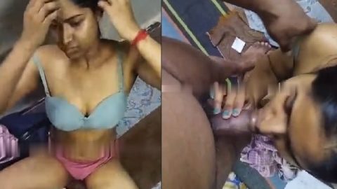 Cute girlfriend in bra giving blowjob to boyfriend