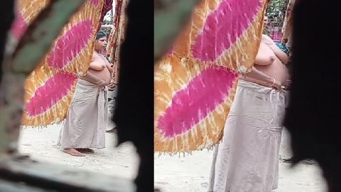 Mature neighbor MILF mom outdoor bath and wearing dress