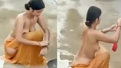 Petticoat bhabhi outdoor bath caught by neighbor