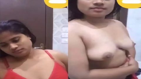 Red bra girl going topless in bathroom for lover