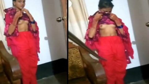 Slim girl undressing and viral small boobs show