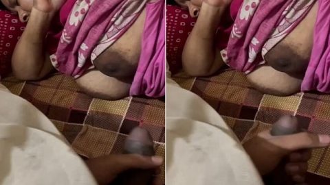 Son masturbating before mom with her big boobs shown