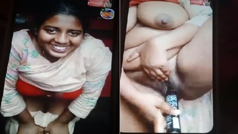 Standing masturbation using bittle by big boobs GF