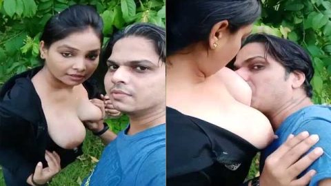 Sucking boobs of gf outdoors on selfie cam